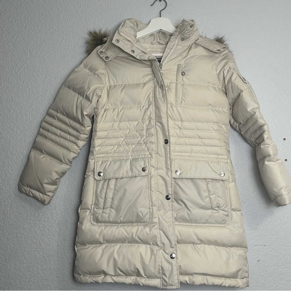 DKNY Girls Size Large‎ 14 Cream Ivory Puffer Snap Button Full Zip Winter Jacket